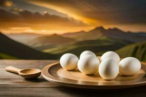 eggs on a plate in front of mountains. AI-Generated photo