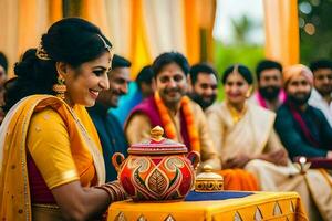a bride and groom are sitting at a table with their family. AI-Generated photo