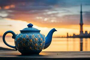 a teapot on a wooden table in front of a lake. AI-Generated photo