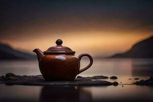 a teapot sits on the rocks near a lake. AI-Generated photo