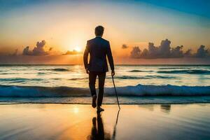 a man in a suit walking on the beach at sunset. AI-Generated photo
