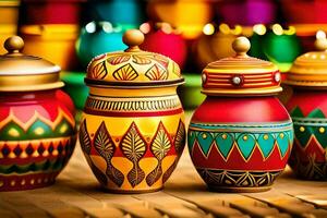 colorful pots and jars with decorative designs. AI-Generated photo