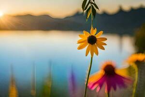 sunflower in the foreground with mountains in the background. AI-Generated photo