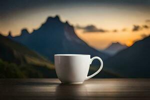 a coffee cup on a table in front of a mountain range. AI-Generated photo