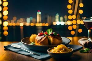 the food and drink are on the table with a view of the city. AI-Generated photo
