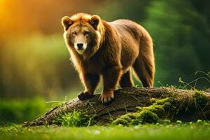 a brown bear standing on a log in the forest. AI-Generated photo