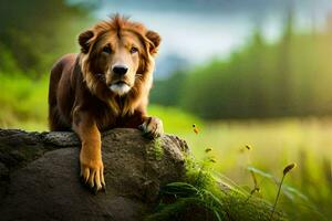 a lion is sitting on a rock in the middle of a field. AI-Generated photo