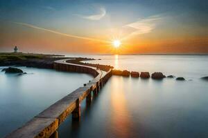 a long exposure photograph of a pier at sunset. AI-Generated photo