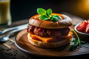 a hamburger with cheese and meat on a wooden plate. AI-Generated photo