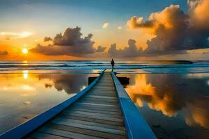 a man stands on a wooden pier at sunset. AI-Generated photo