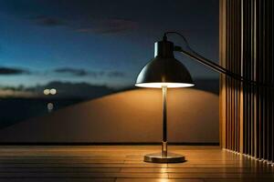 a table lamp is lit up in front of a window. AI-Generated photo