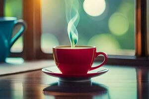 a red cup of coffee with steam coming out of it. AI-Generated photo