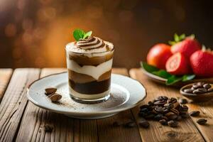coffee and dessert on a wooden table. AI-Generated photo