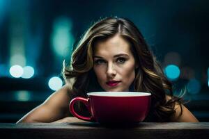 a woman is sitting in front of a red cup. AI-Generated photo