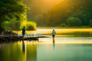 two men fishing on a dock in the water. AI-Generated photo