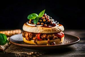 a hamburger with tomato, cheese and basil on a plate. AI-Generated photo