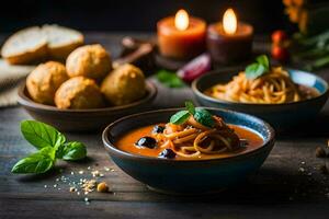 spaghetti with meatballs and breadsticks on a wooden table. AI-Generated photo