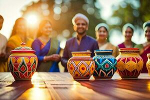 indio familia con vistoso ollas en mesa. generado por ai foto