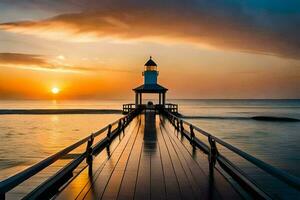 a lighthouse stands on a pier at sunset. AI-Generated photo