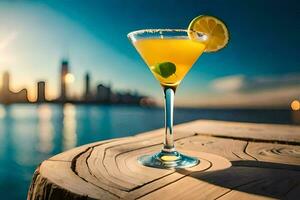 a cocktail on a table with a city skyline in the background. AI-Generated photo