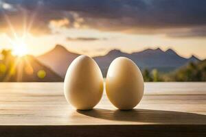 two eggs on a table with mountains in the background. AI-Generated photo