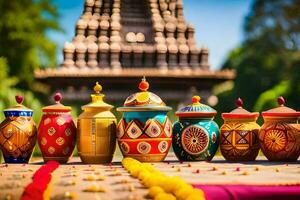 colorful pots lined up in front of a temple. AI-Generated photo