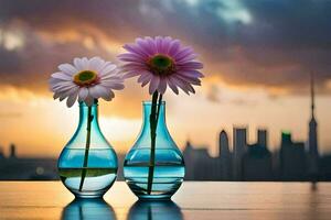 two vases with flowers on a table with a city in the background. AI-Generated photo