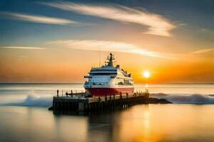 un barco atracado a el muelle a puesta de sol. generado por ai foto