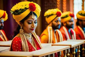 a bride and groom in traditional indian attire. AI-Generated photo