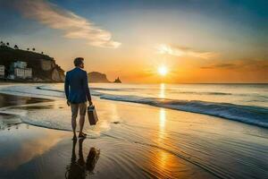 a man in a suit and tie standing on the beach at sunset. AI-Generated photo