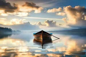 a boat floating on a calm lake at sunset. AI-Generated photo