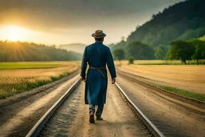 a man in a hat and coat walks along railroad tracks. AI-Generated photo