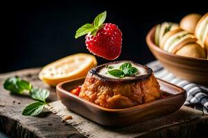 a strawberry and a bowl of food with bread. AI-Generated photo