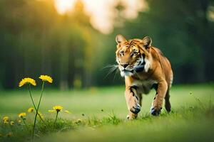 a tiger walking through a field with yellow flowers. AI-Generated photo