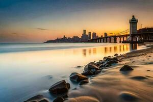 un ciudad horizonte a puesta de sol con un faro en el primer plano. generado por ai foto