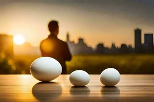 three eggs on a table with a man in the background. AI-Generated photo