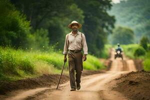 an old man walking down a dirt road with a cane. AI-Generated photo