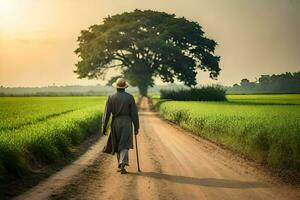 un hombre caminando abajo un suciedad la carretera en el medio de un campo. generado por ai foto