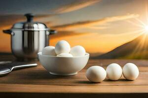 eggs in a bowl, a pan, and a knife on a table. AI-Generated photo