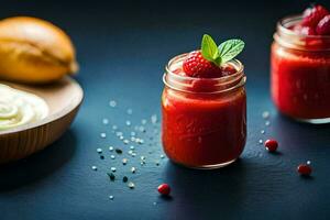 two jars of smoothie with berries and mint. AI-Generated photo