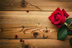 a single red rose on a wooden table. AI-Generated photo