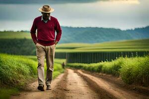 a man in a hat walks down a dirt road. AI-Generated photo