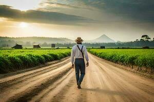 a man in a hat and suspenders walks down a dirt road. AI-Generated photo