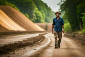 un hombre caminando abajo un suciedad la carretera en el medio de el día. generado por ai foto