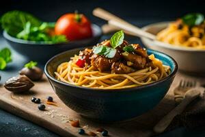 spaghetti with meat and vegetables in a bowl. AI-Generated photo