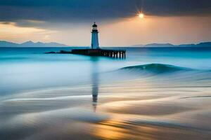 a lighthouse stands on the beach with waves crashing into it. AI-Generated photo