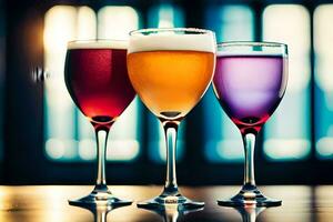 three glasses of different colored drinks on a table. AI-Generated photo