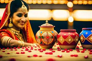 a woman in traditional indian attire sits next to two colorful pots. AI-Generated photo