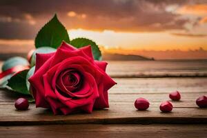 a red rose on a wooden table with a sunset in the background. AI-Generated photo