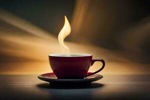 a red cup of coffee with a flame coming out of it. AI-Generated photo